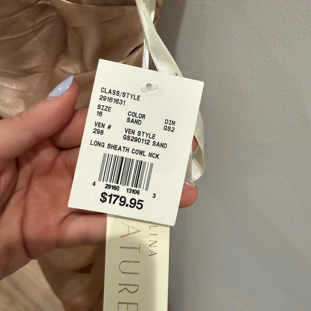 NWT Elegant Off-Shoulder Beige Satin Dress size 16 Galina Signature - Picture 6 of 7